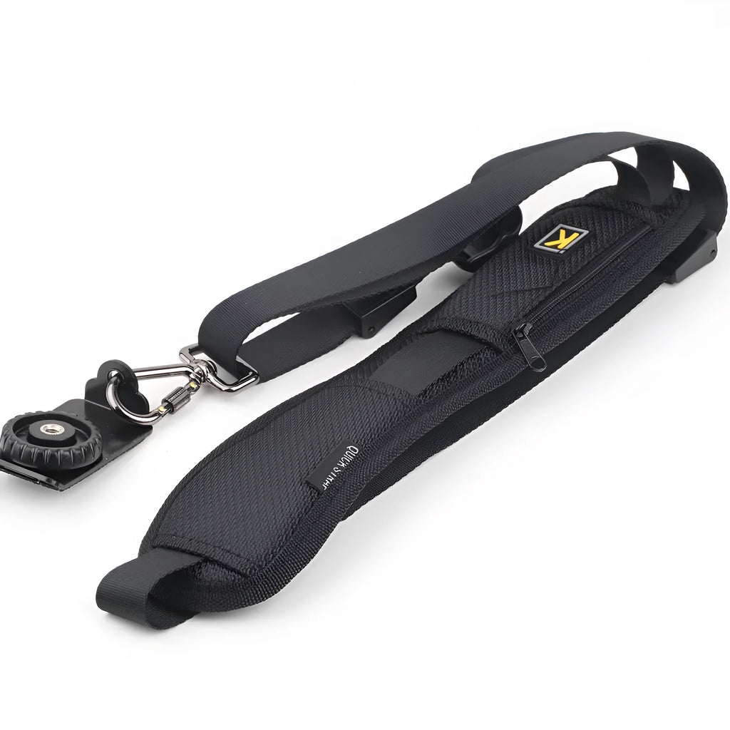 Black nylon single shoulder sling strap for DSLR camera with quick-adjust buckle and 75mm shoulder pad