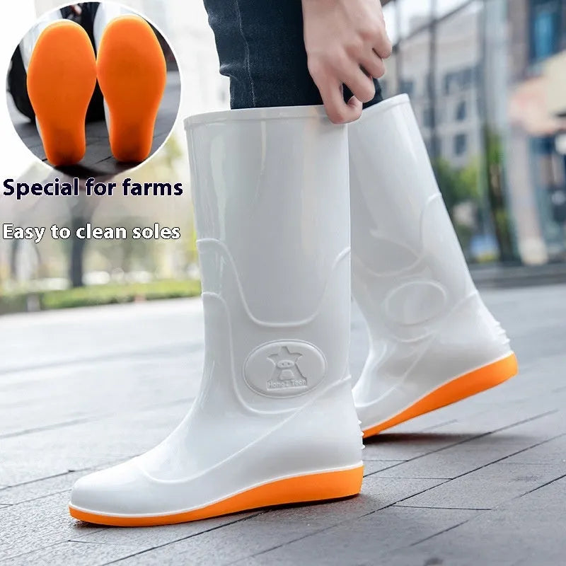 Men's flat washable rain boots labour protection waterproof shoes white or yellow high tube