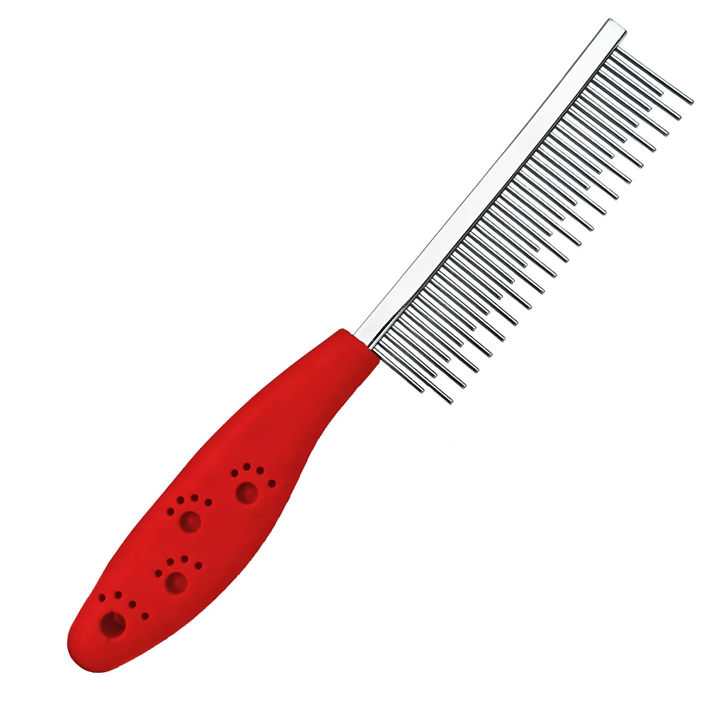 Red plastic handle pet dematting comb with dual-length stainless steel teeth for dog cat grooming