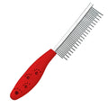Red plastic handle pet dematting comb with dual-length stainless steel teeth for dog cat grooming