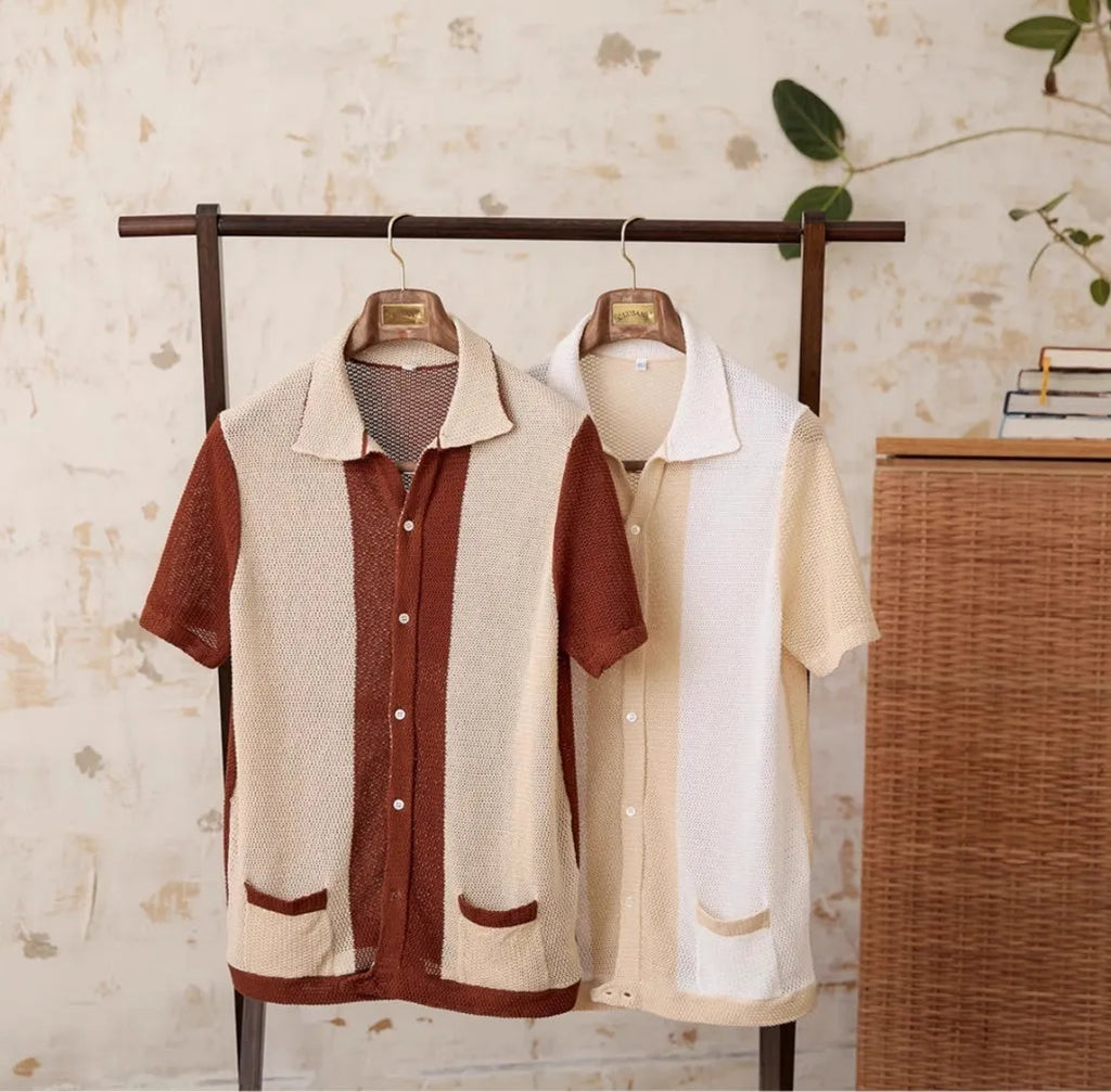 Hollow knit short-sleeve linen cotton lapel cardigan in beige, women's casual top