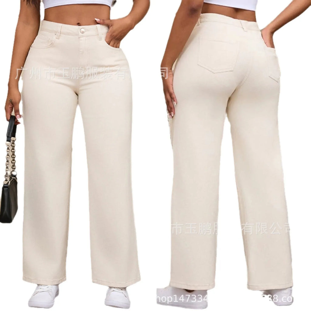 Women's autumn straight leg jeans in apricot colour with wide leg design and high waist