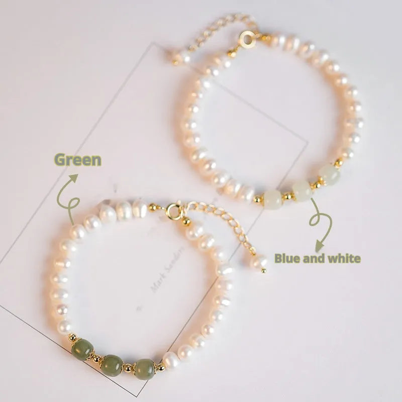 Korean style bracelet with diamond-shaped natural freshwater pearls in electroplated Hetian jade colour.