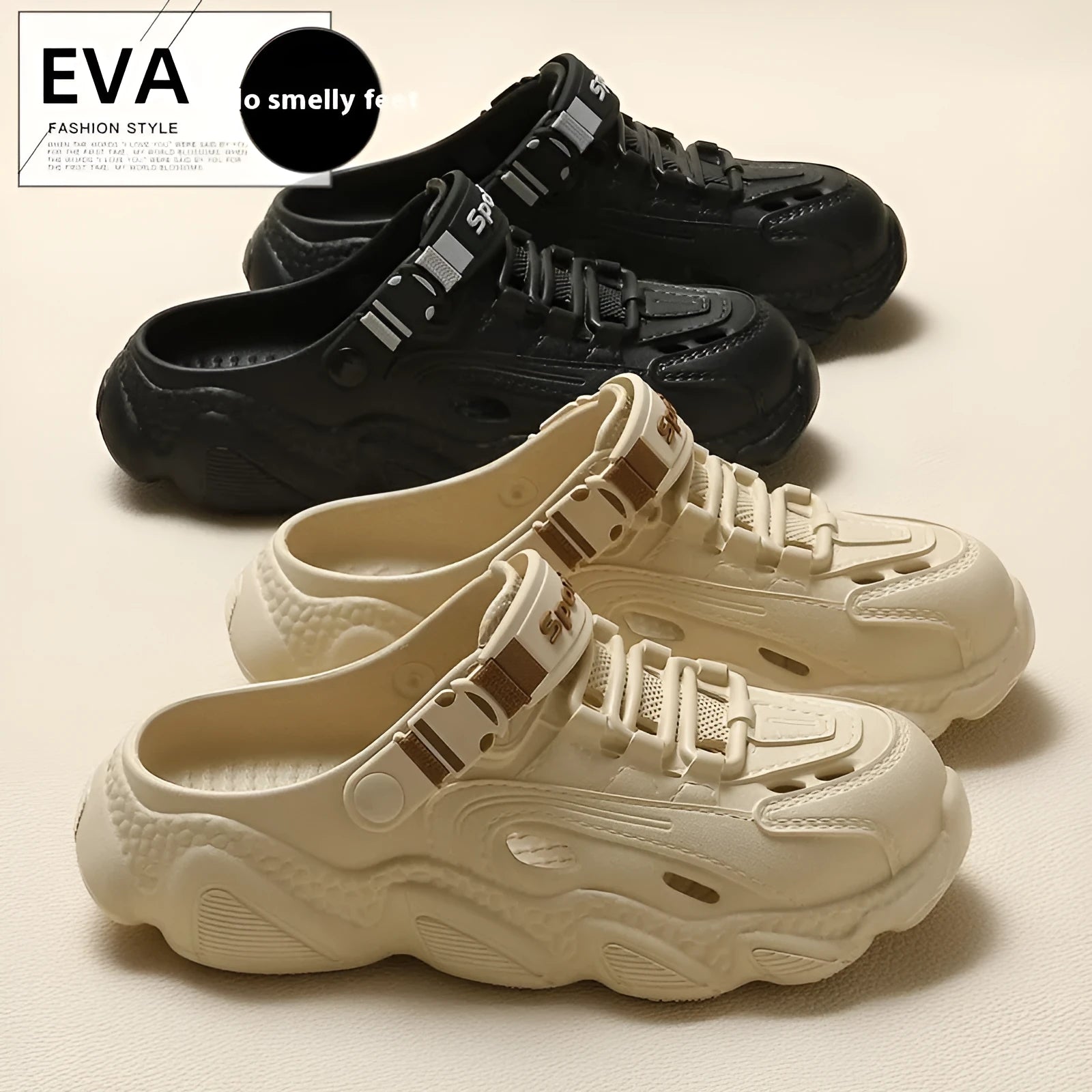 Khaki coloured men's summer slippers with a hollow out breathable design and a light-coloured EVA sole.