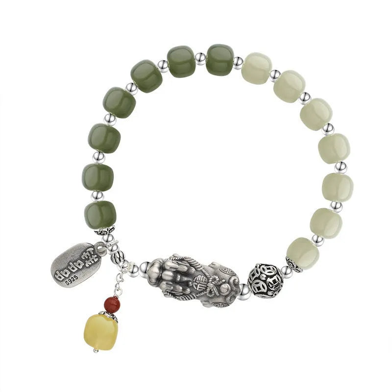Pure silver coin bracelet with natural Hetian jade beads, 8x7mm, retro style for women