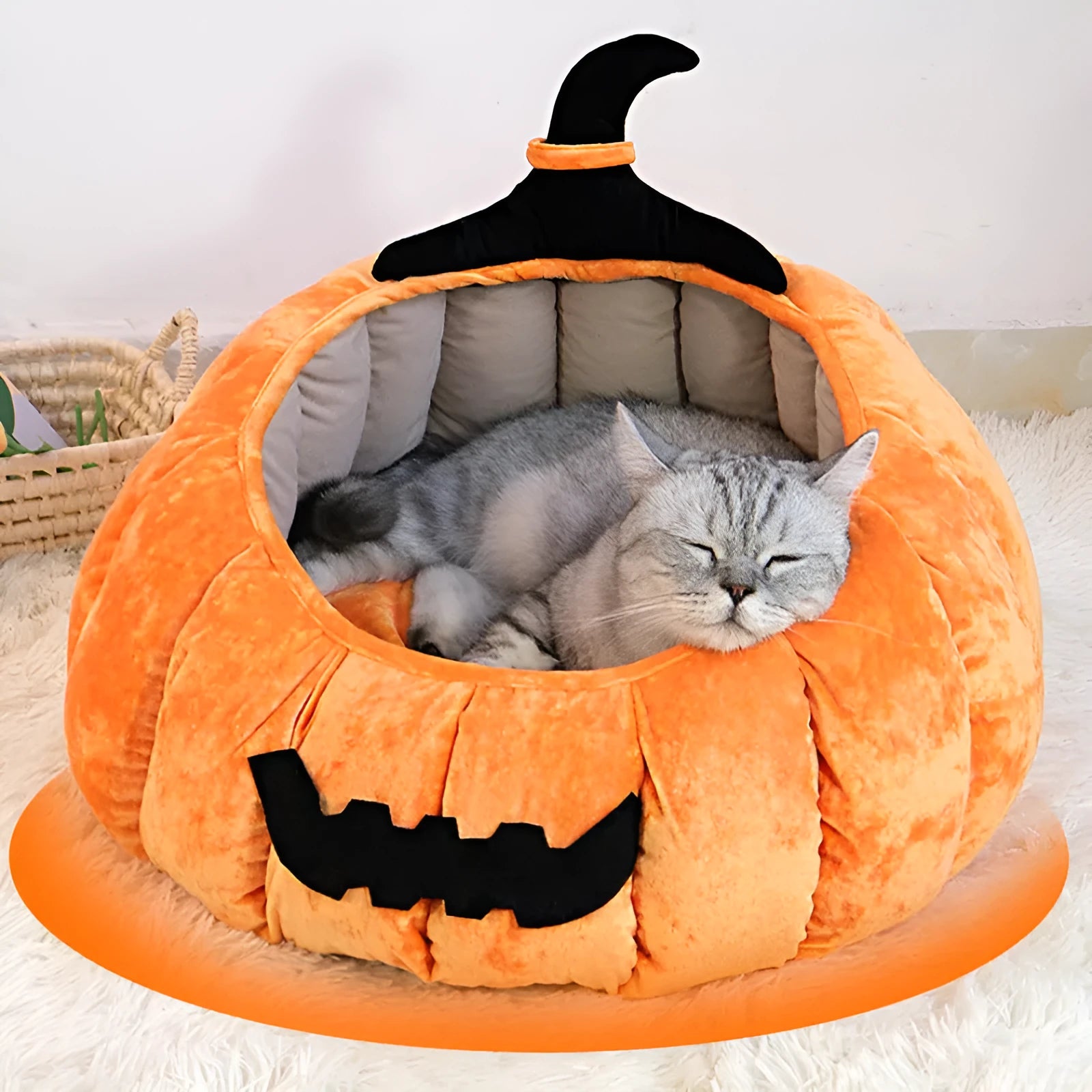 Winter warm pet Halloween nest cat bed in orange pumpkin design, cloth material