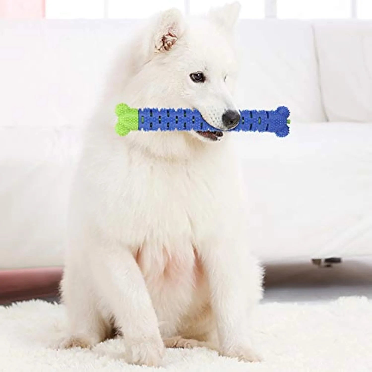 Blue-green silicone dog dental cleaning stick with textured surface and inner bristle core