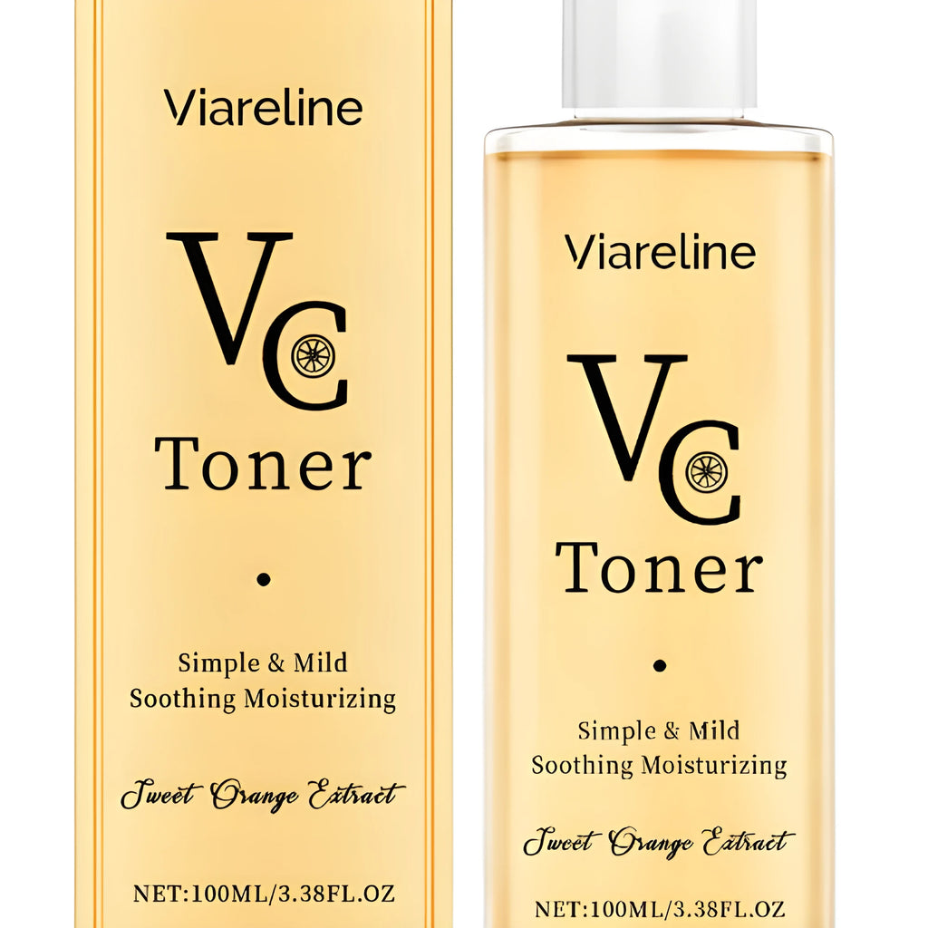 100ml moisturising toner with vitamin C and sodium hyaluronate in a white bottle with a black cap
