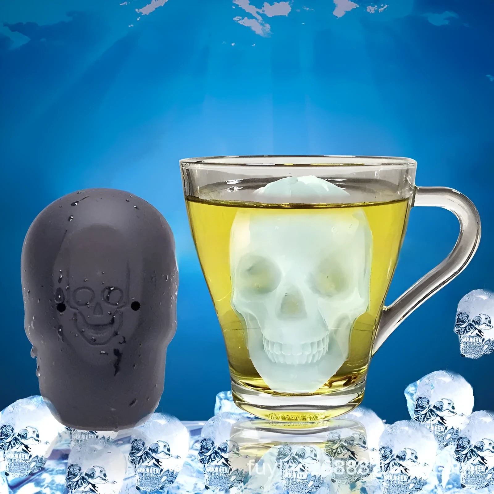 3D Halloween skull ice cube maker tray in edible silicone measuring 5.8x8.5x7 cm