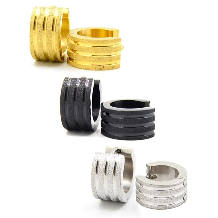 Korean style three-line frosted geometric titanium steel earrings in black, gold, and steel colours