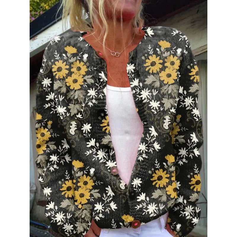Digital printing cardigan knitted coat with 3D effect pattern in yellow, front view, on a plain background