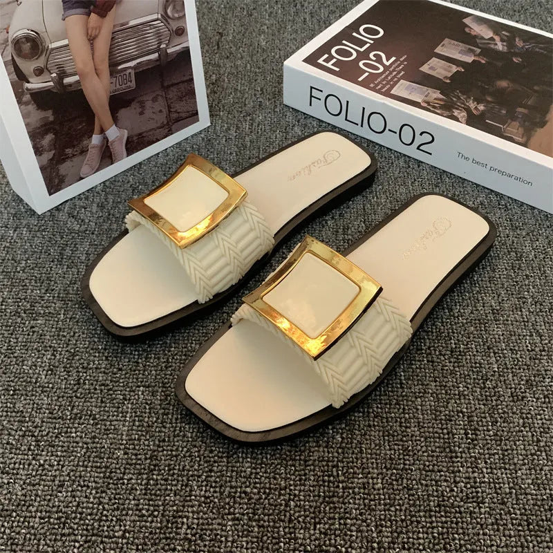 Women's casual flat slippers in apricot colour with waterproof PVC soles