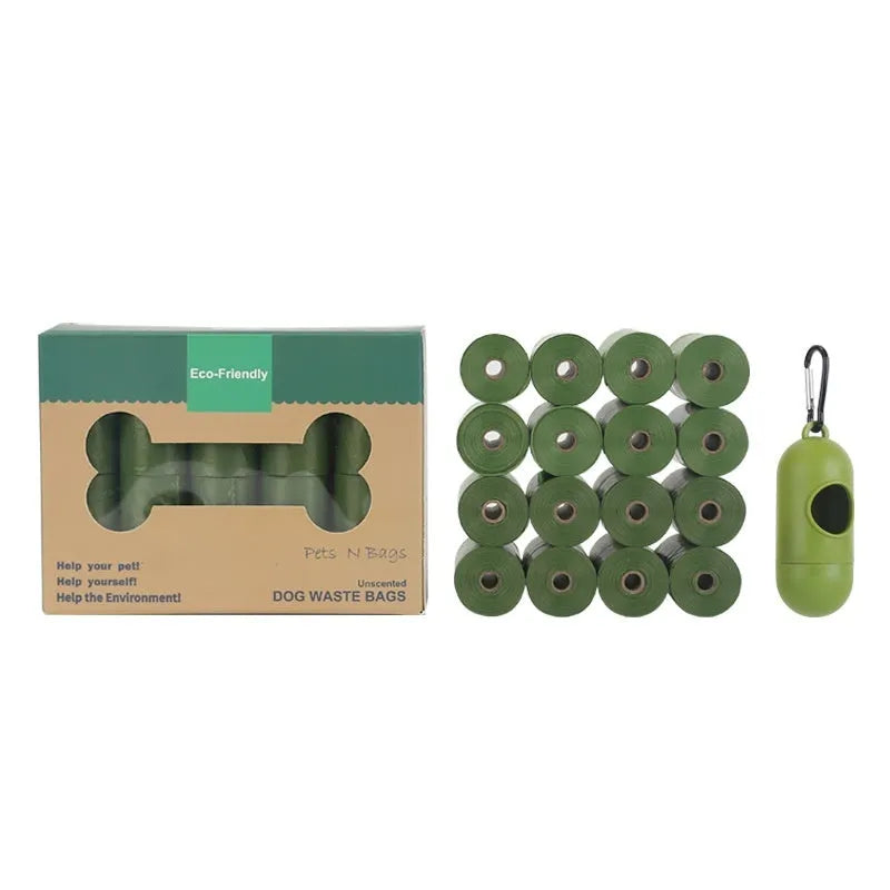 Green degradable pet waste bags with dispenser for dog cleanup