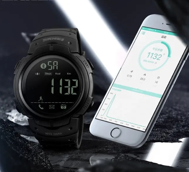 50mm round smart watch with PU strap, black, compatible with Apple and Android Bluetooth devices