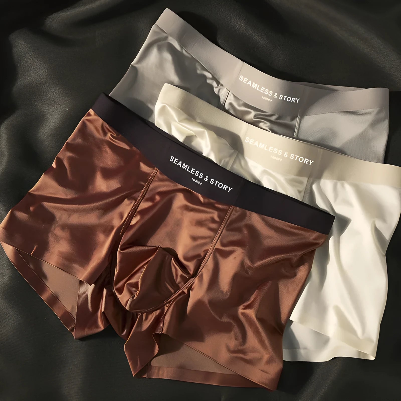 Men's ice silk satin underwear in mid-waist style showing colour options