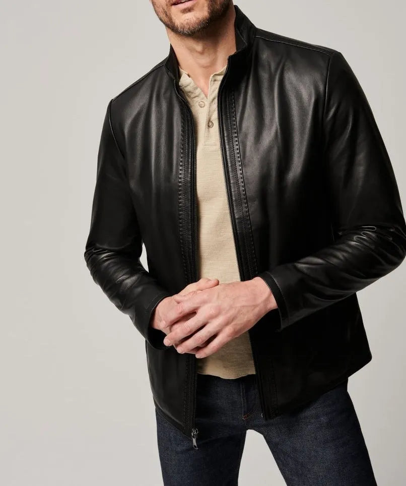 Men's black retro polyester leather jacket with regular fit, long sleeves, and straight hem