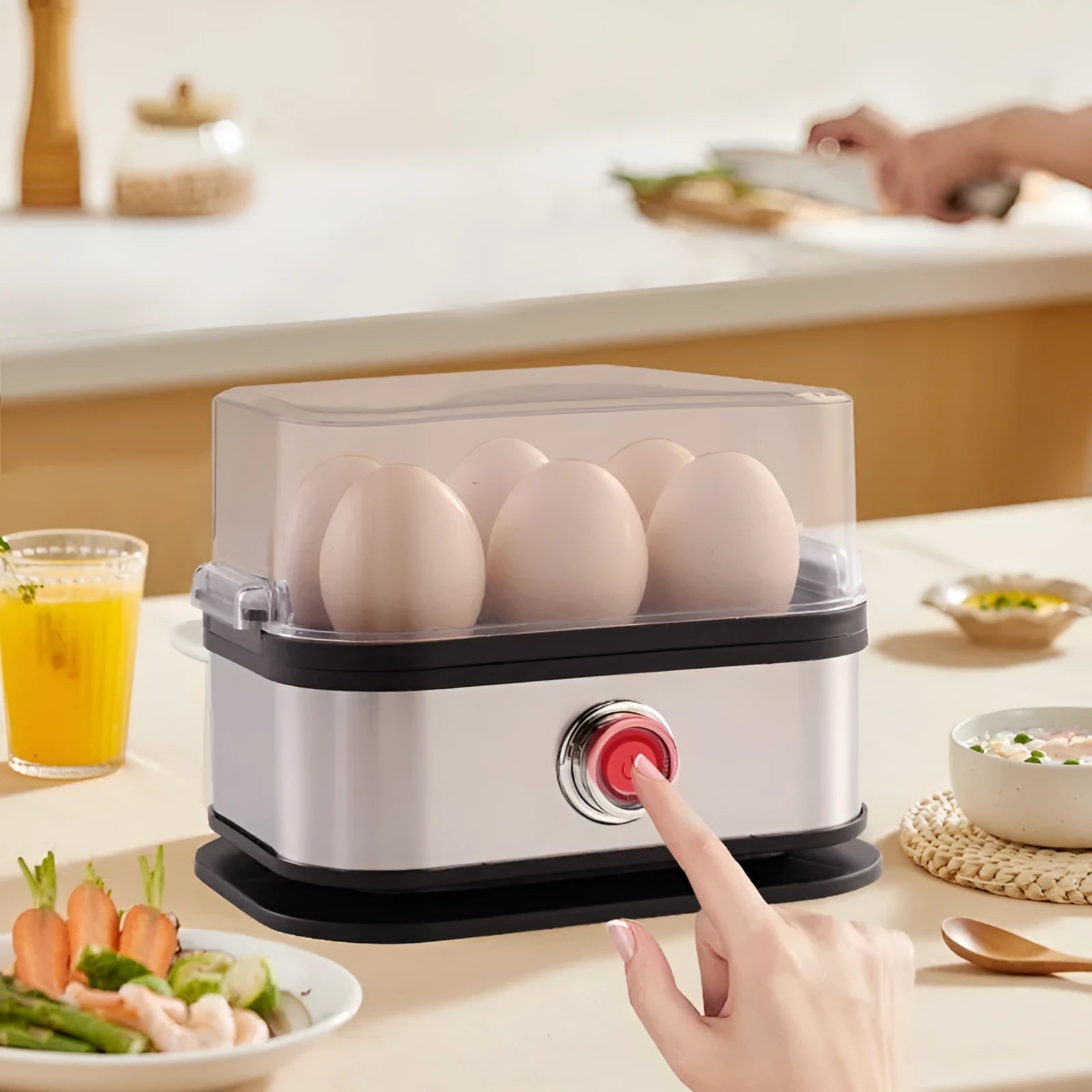 Black portable stainless steel mini egg boiler with power cord and plug adaptors for travel