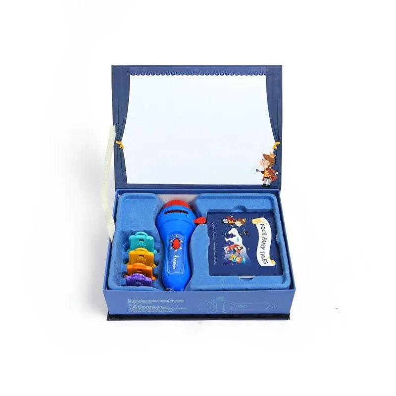 SmartKids children's story projector torch with four fairy tale discs projecting images on wall
