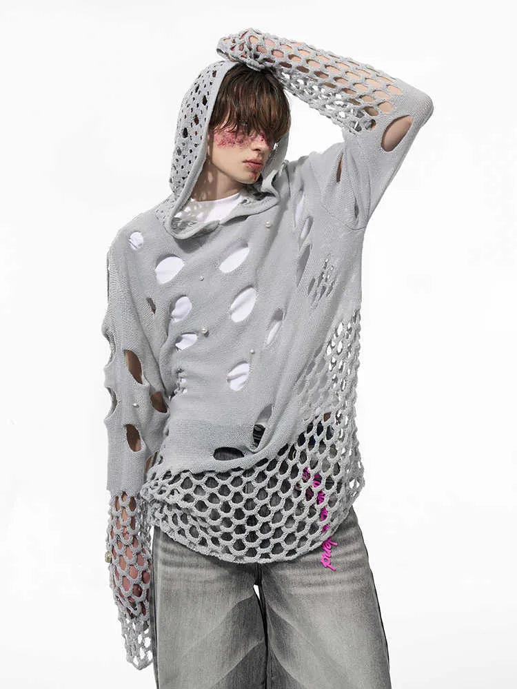 Men's loose fit black hooded sweater with pearl decoration on the front.