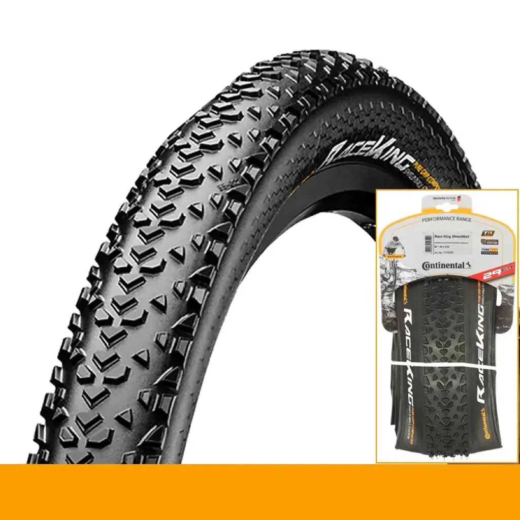 Mountain bike folding tyre showing tread pattern and sidewall with size specifications visible
