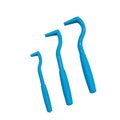 Three plastic tick removal hook tools for pets in blue or green colours