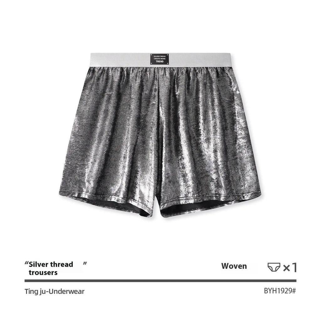 Men's reflective bright silver woven loose fit underwear with mid waist design
