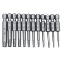 Alloy hexagon handle screwdriver bit set with plum blossom hollow bits in 50mm, 75mm, and 100mm lengths on a workbench