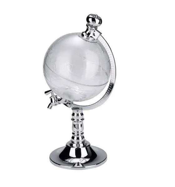 Transparent globe wine decanter dispenser with silver chrome stand and plastic body on a table