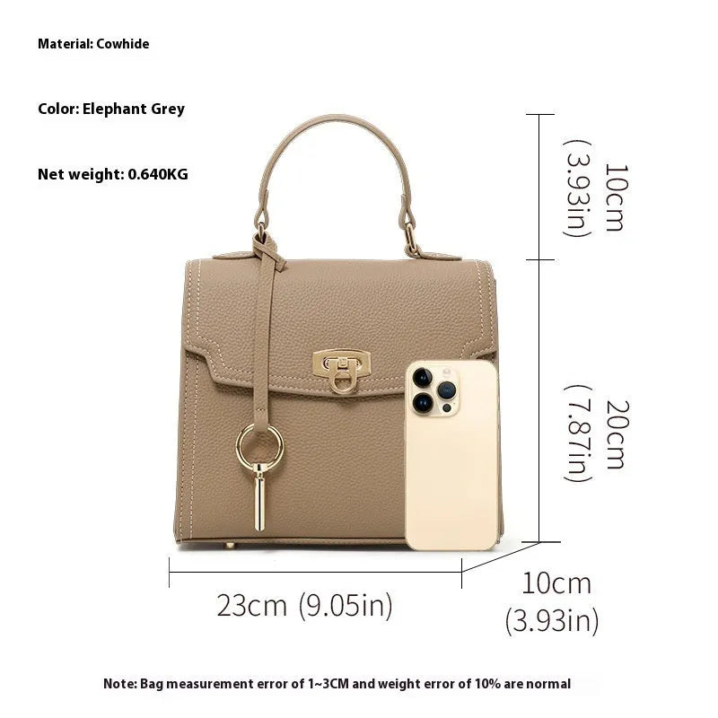 Elephant grey genuine leather vintage lock crossbody handbag with litchi pattern and file compartment