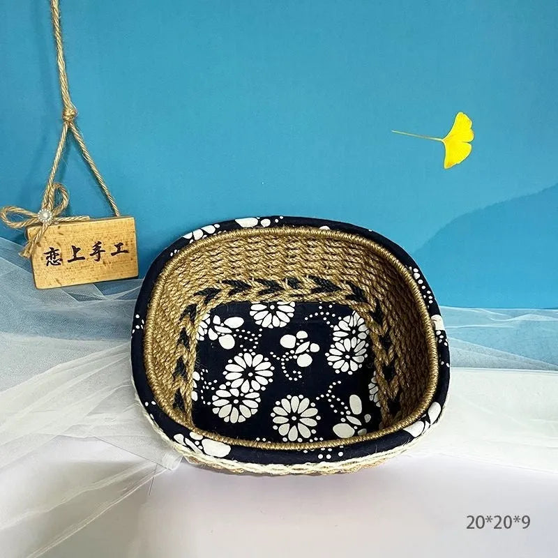 Blue hand-woven plastic square storage basket for coffee table small item organisation