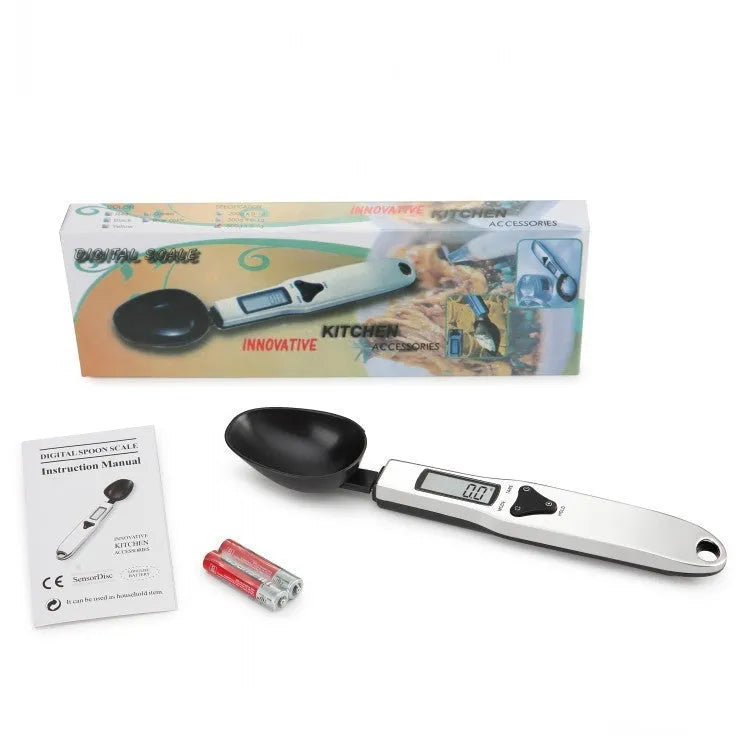 Smart measuring spoon digital scale with stainless steel body and digital display, 0.1g precision, 300g capacity