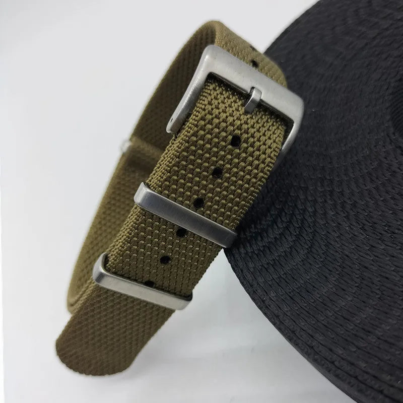 20mm wide nylon integrated watch strap in five colour options on a watch case.