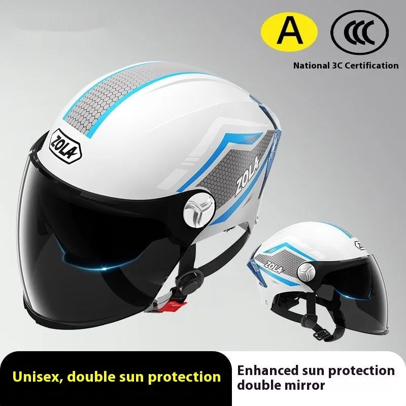 3C-certified motorcycle half helmet with ABS shell and dual mirrored visor in light brown colour option