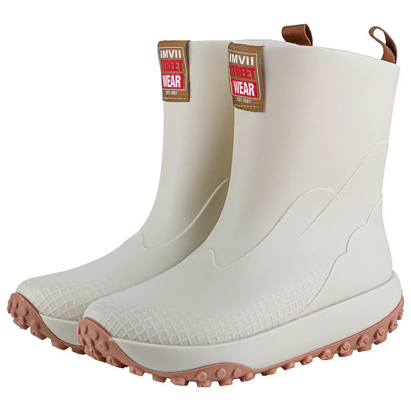 Men's mid low tube PVC rain boots in black, non-slip sole, flat heel, round toe