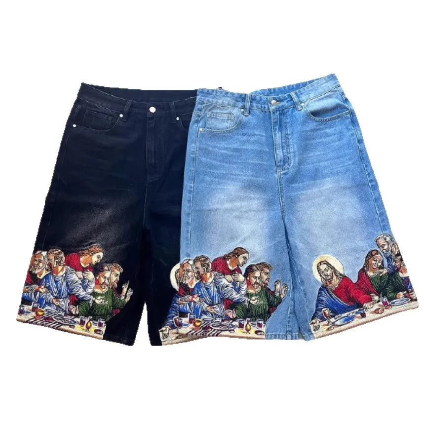Men's cotton tapered shorts with Jesus printed back pocket in black and blue colour options