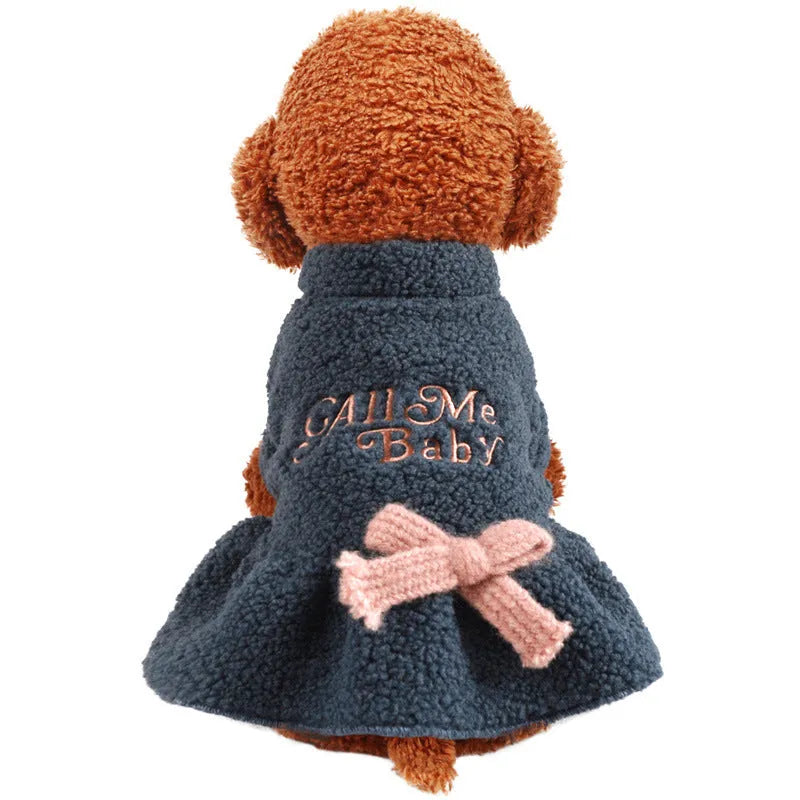 Pet clothing warm berber fleece skirt with letter print in pink and dark blue, sizes XS to XL