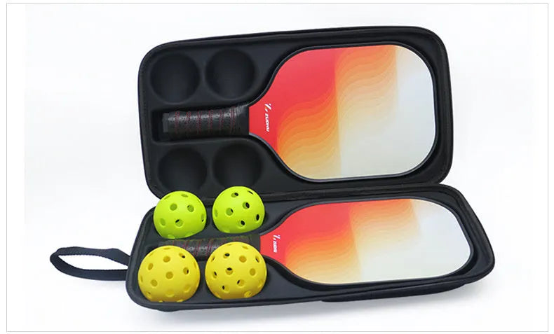 Black EVA pickleball shoulder storage bag showing double straps, sized for one paddle and four balls.