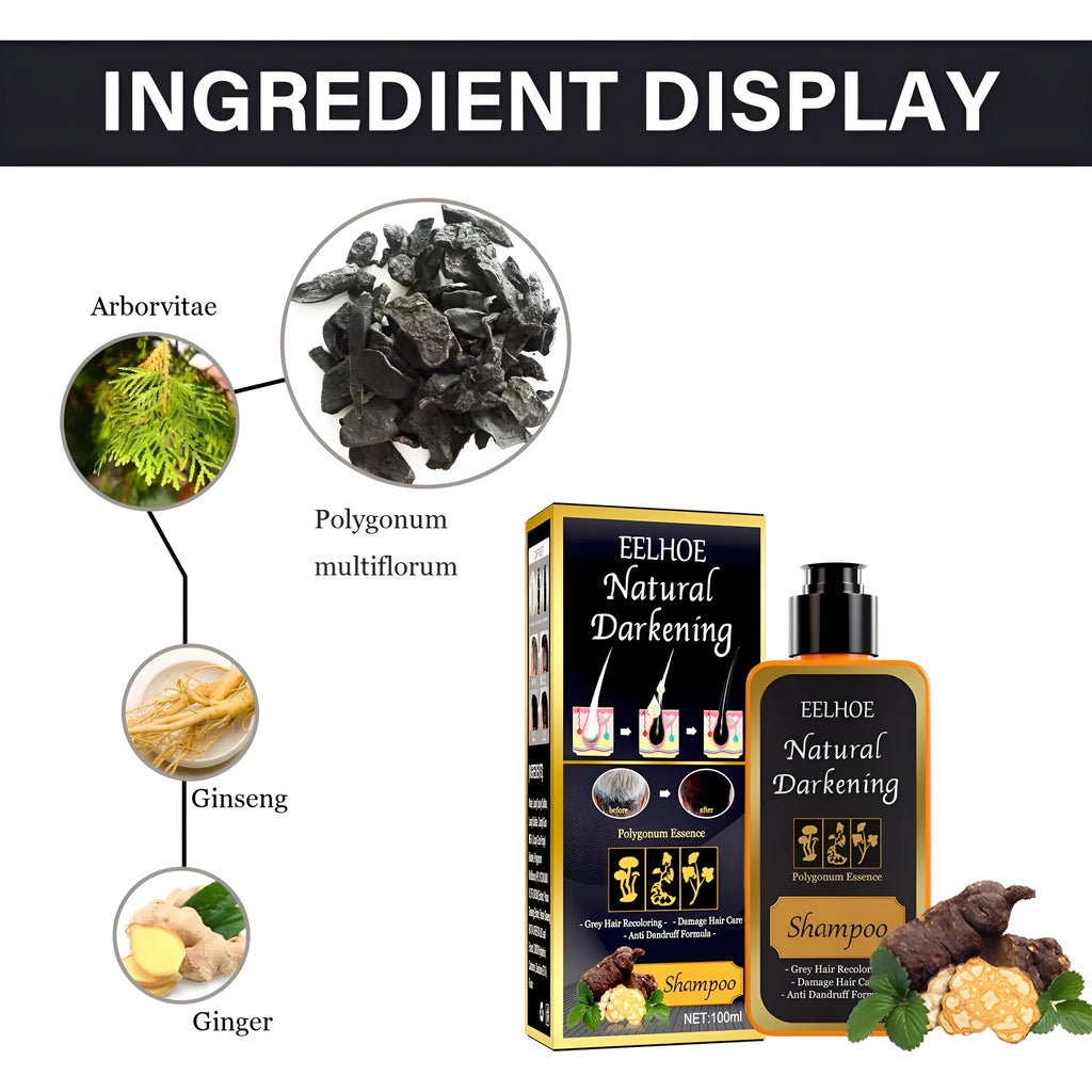 Polygonum Multiflorum Shampoo 100ml boxed for white to black hair colour restoration, anti-dandruff, and anti-hair fall