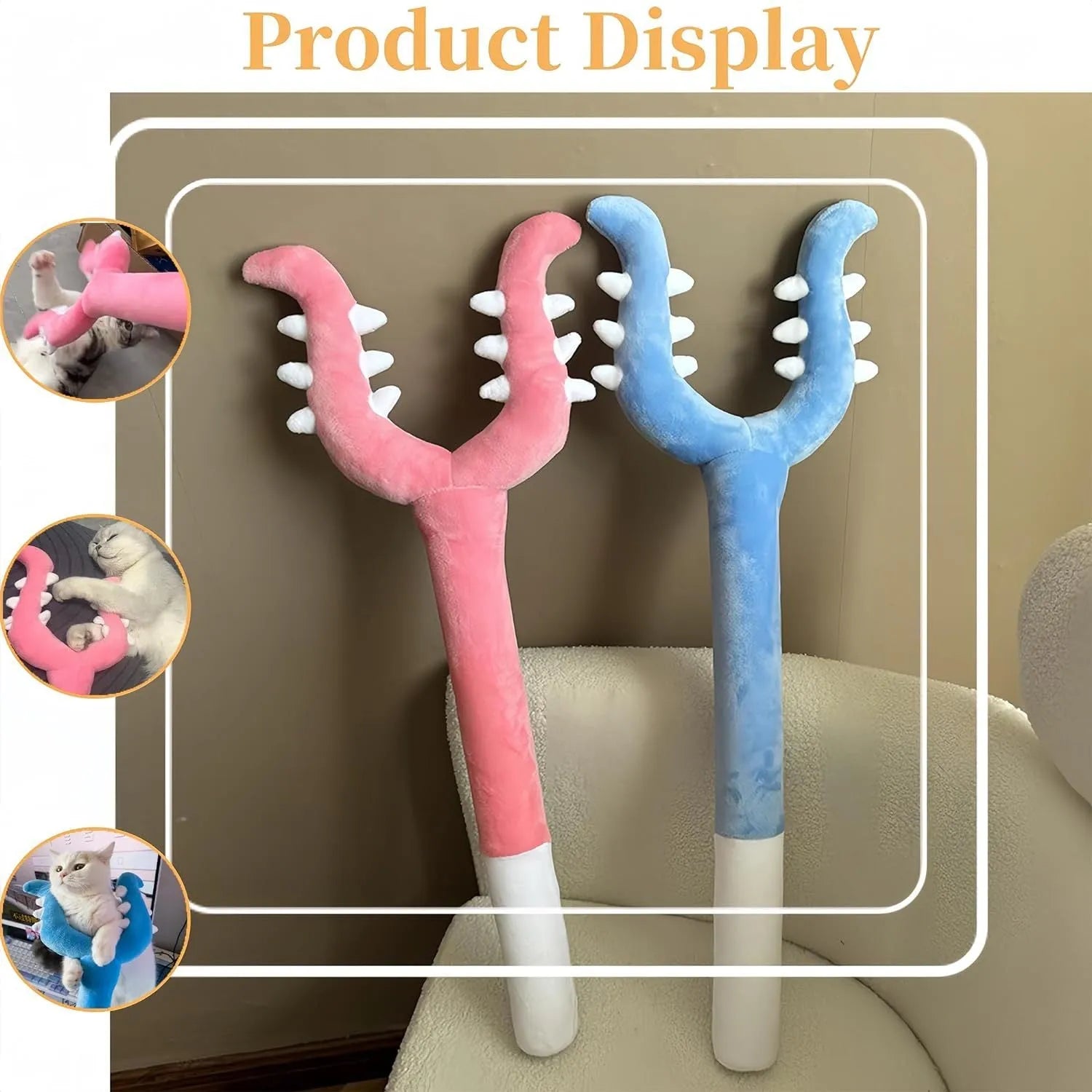 Blue and pink plush cat wand toy measuring 70cm length for behaviour management and interactive play