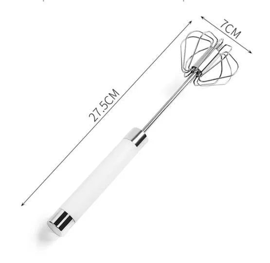 Semi-automatic stainless steel egg beater whisk with hand pressure rotating handle, 10 steel wires, silvery and white colours