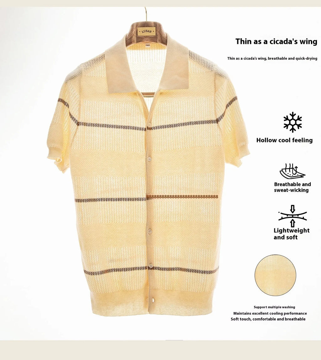 Casual lapel cardigan in camel, short sleeve, cotton linen knit, shown front view