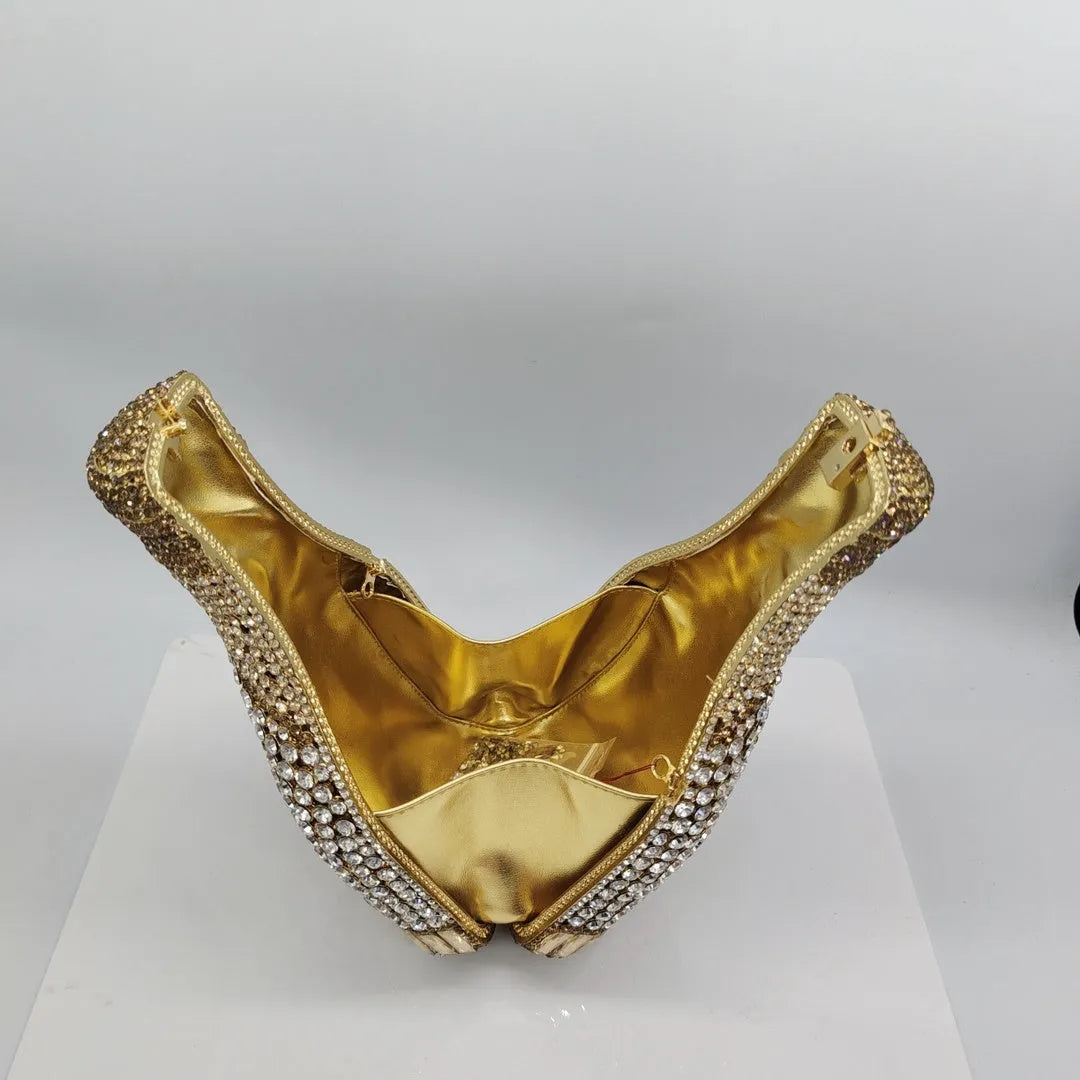 Gold champagne bottle-shaped alloy evening clutch with structured hard case