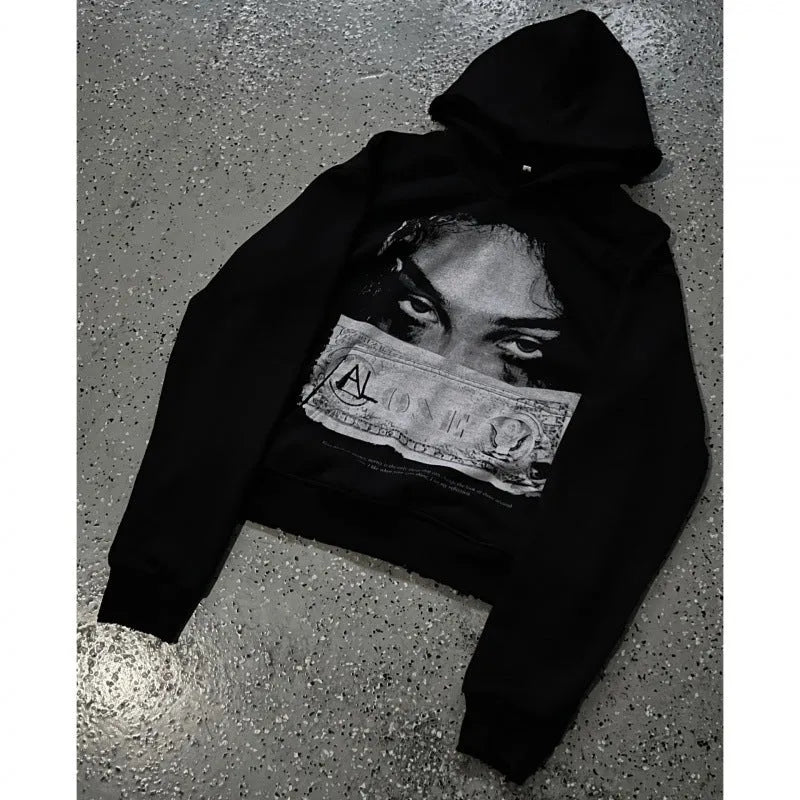 Women's loose fit black polyester hoodie with dark printed cartoon pattern front view