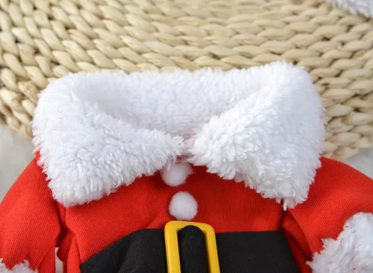 Red polar fleece pet Christmas costume with Santa Claus design on a standing dog