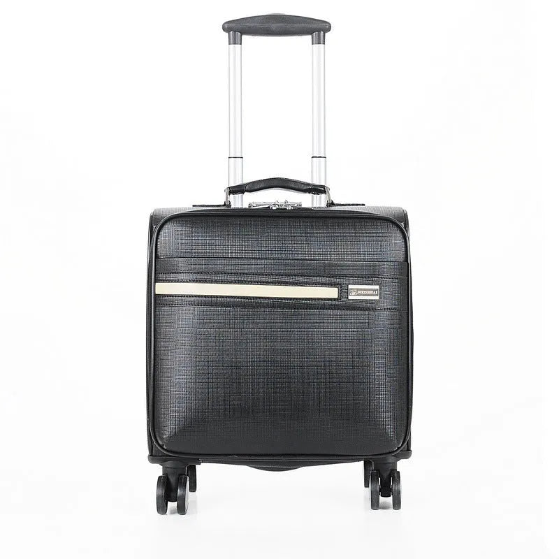 Black PU leather wheeled business case with combination lock and extendable handle.