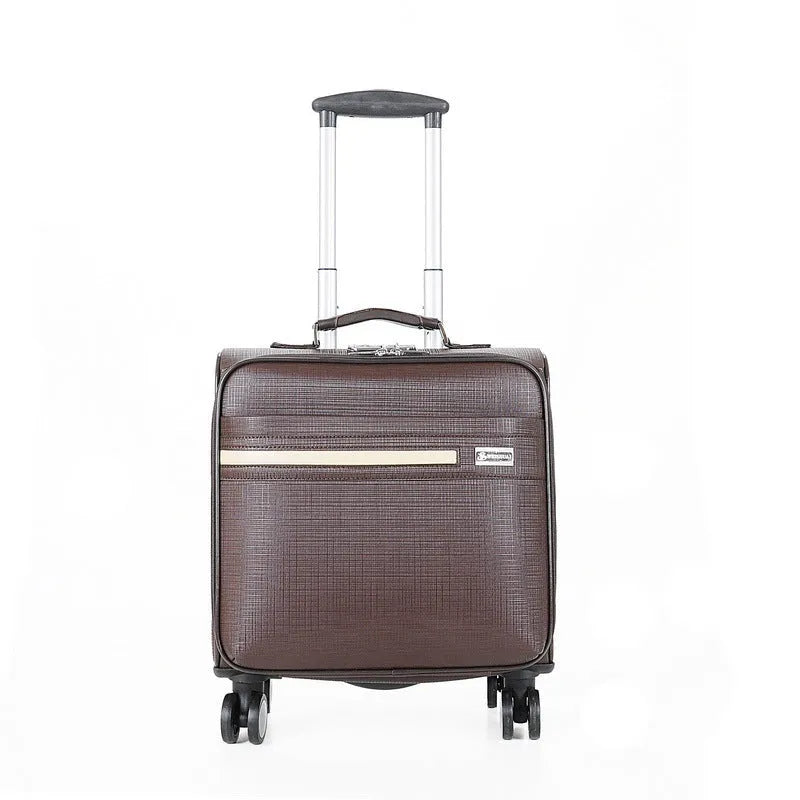 Black PU leather wheeled business case with combination lock and extendable handle.