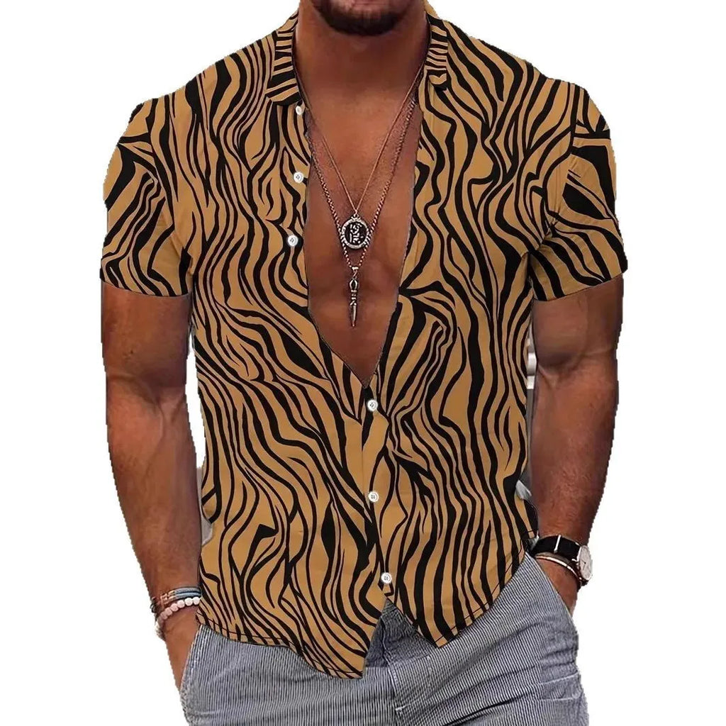 Men's slim fit geometric print short sleeve cardigan shirt on a hanger.