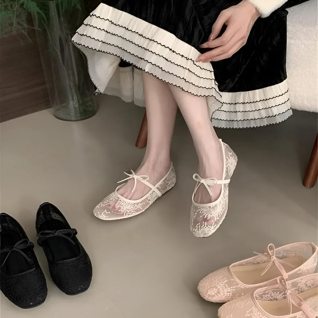 Flat Lace Mesh Breathable Mary Jane Evening Shoes with Mid Heel 3-5CM Sizes 35-45 Rubber Sole Microfiber Upper for Women Party Dance