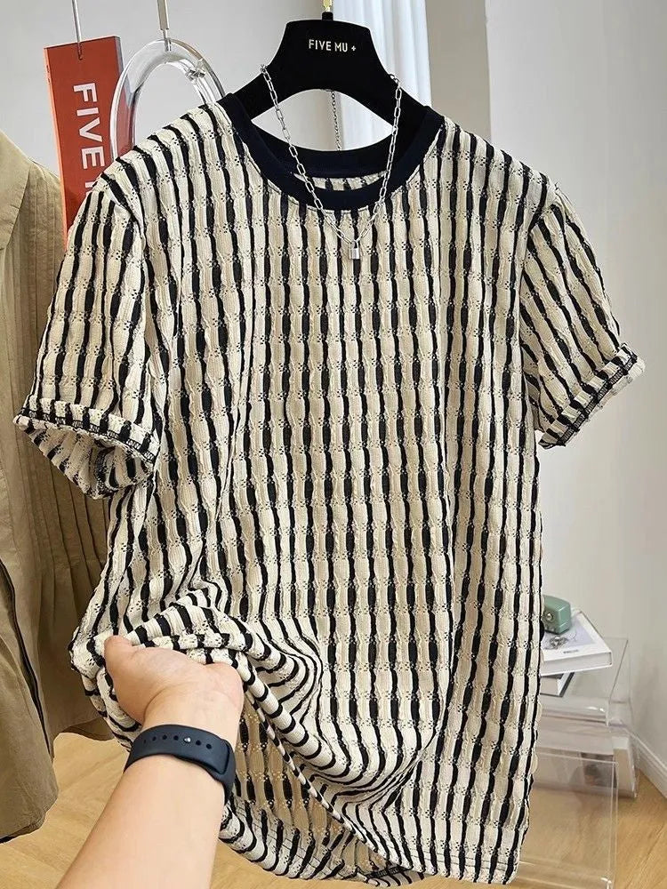 Black striped men's casual loose-fit short sleeve shirt made from a linen and silk blend fabric.