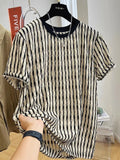 Black striped men's casual loose-fit short sleeve shirt made from a linen and silk blend fabric.